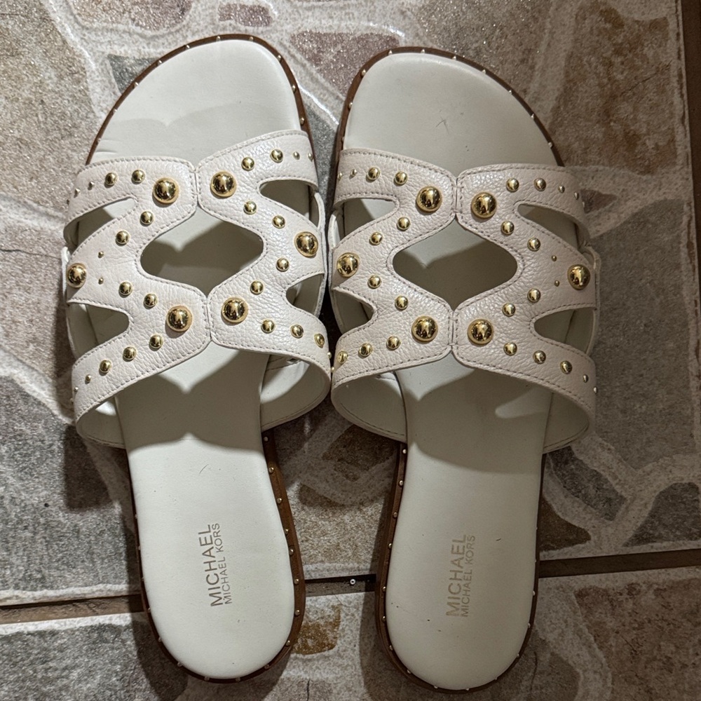 Michael Kors Cream Sandals with Gold Studs